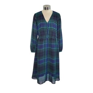 A New Day Green & Blue Tartan Plaid Long Sleeve V-Neck Midi Dress Women's Size S